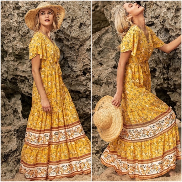 Boho Floral v neck lace up Maxi Dress yellow - Picture 6 of 7